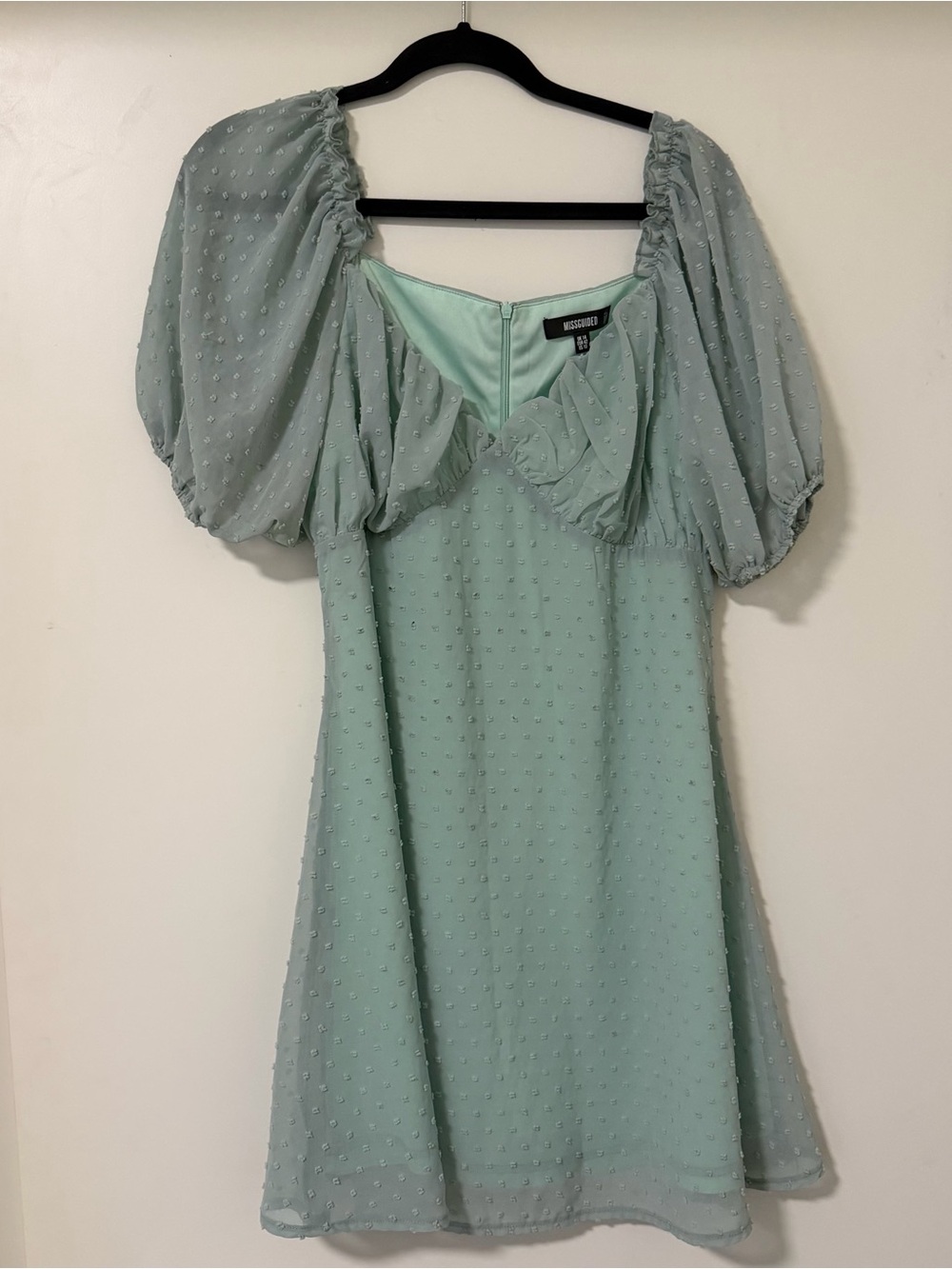 Missguided Mint Green Puff Sleeve Swiss Dot Mini Dress | Size US 10